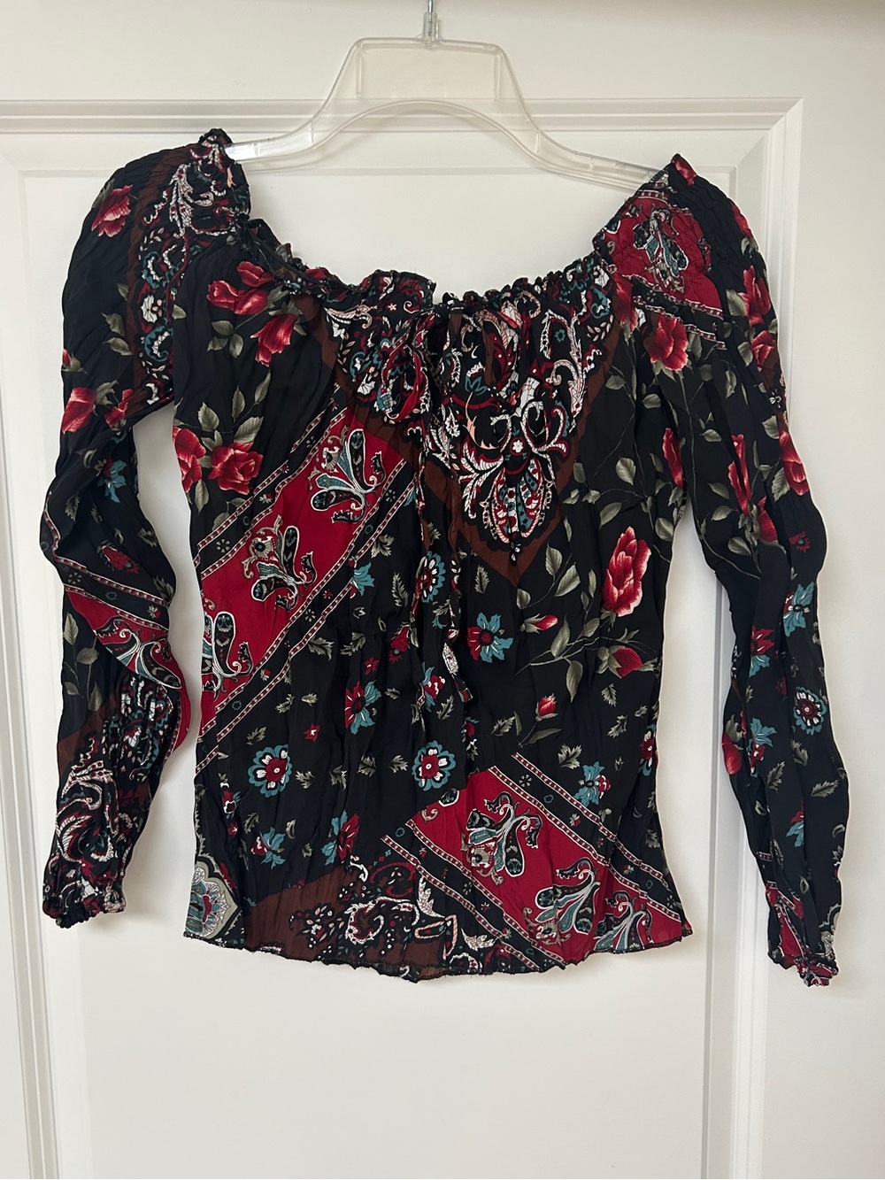 Axara Black Off-Shoulder Blouse with Red and Teal Floral Accents